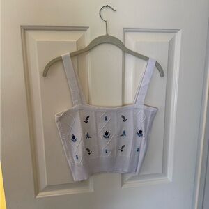 White Knit Embroidered Floral Crop Top
